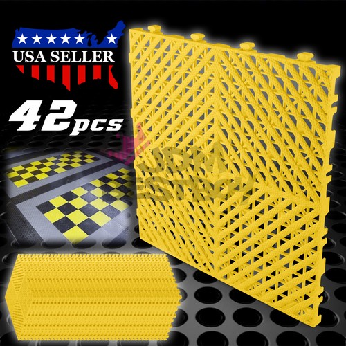 42pcs 16"x16" Yellow Garage Floor Mat Perforated Flooring Tile Shop Interlocking