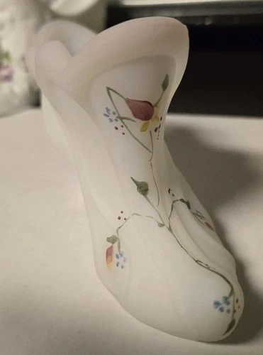 Fenton White Satin Glass Hand Painted Floral Flowers Victorian Shoe  #104