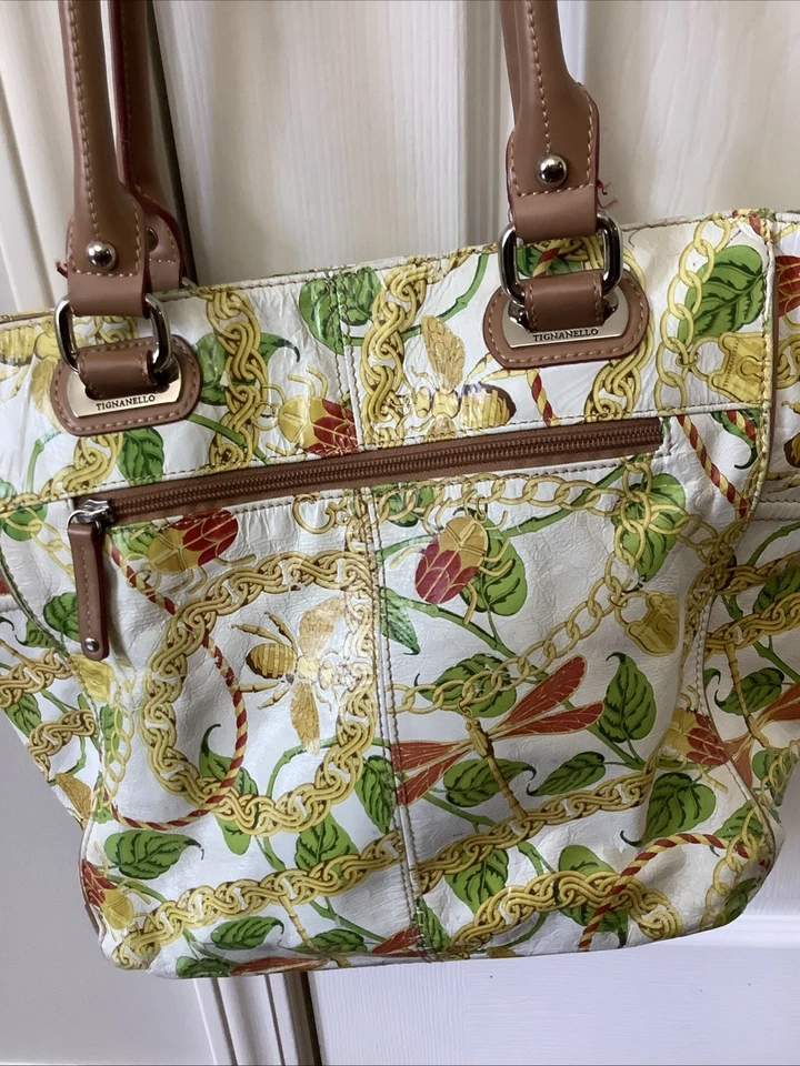 Tignanello lg кожаная сумка зеленый листья пчелы желтый белый желтовато-коричневый отделки наплечная сумка  - Изображение 2 из 4