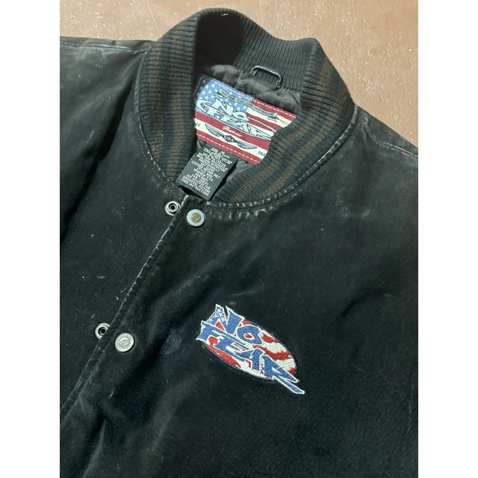 Chaqueta De Colección Años 90 No Fear Cuero Gamuza Negra Para Hombre Talla M, ¡Rara! Foto 3 de 4