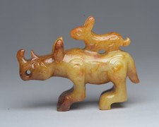 Old Peking Hotan Jade Hand Carved Health Rhino Rabbit Figurine Sculpture