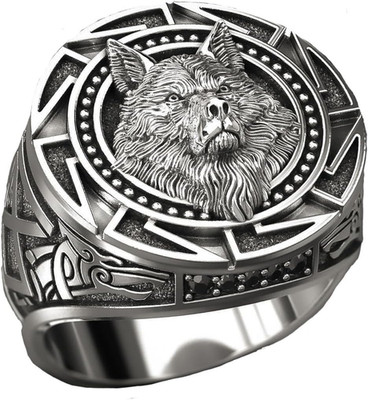 Herren Ring Edelstahl Viking Wikinger Wolfskopf Siegelring Silber Größe 60-70
