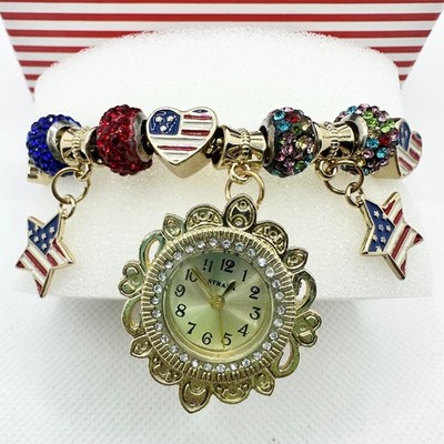 NEW Strada Watch Charm Bracelet USA Flag Stars Red Blue Rhinestone Gold Tone