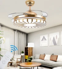 42" Invisible LED Ceiling Fans Gold Chandelier with 3-Color Light Remote Control