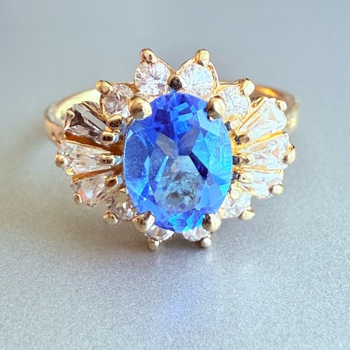 Grand 2CT Iolite & Baguette Halo Cubic Zirconia Gold Vermeil Sterling Silv Ring