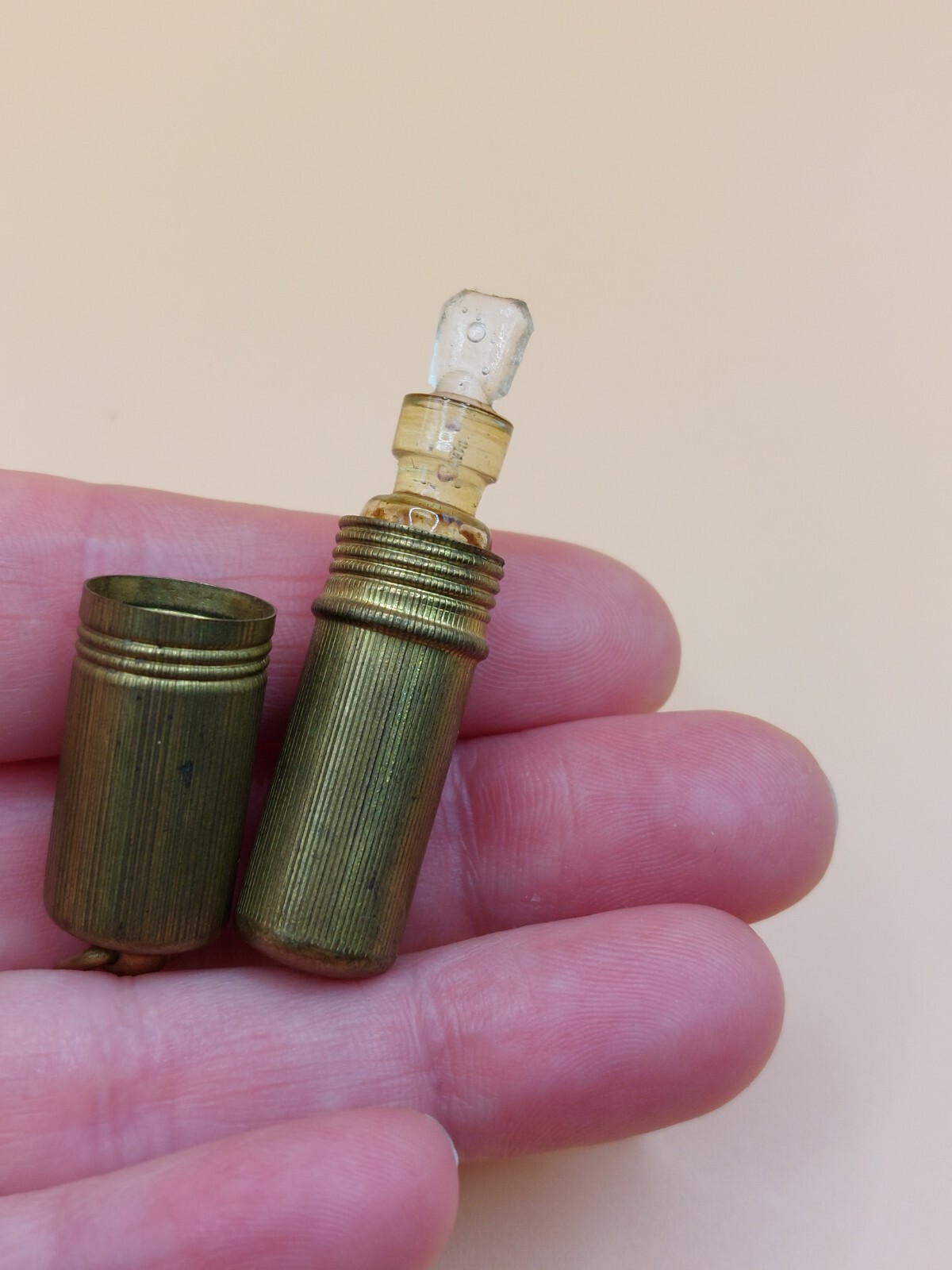 Gilt Brass Perfume Bottle Pendant, Threaded Top, Glass Vial Dauber,Art