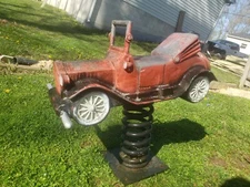 Vintage Cast Aluminum Spring Playground Toy - J.E. Burke Co - Red Car w/wh wheel