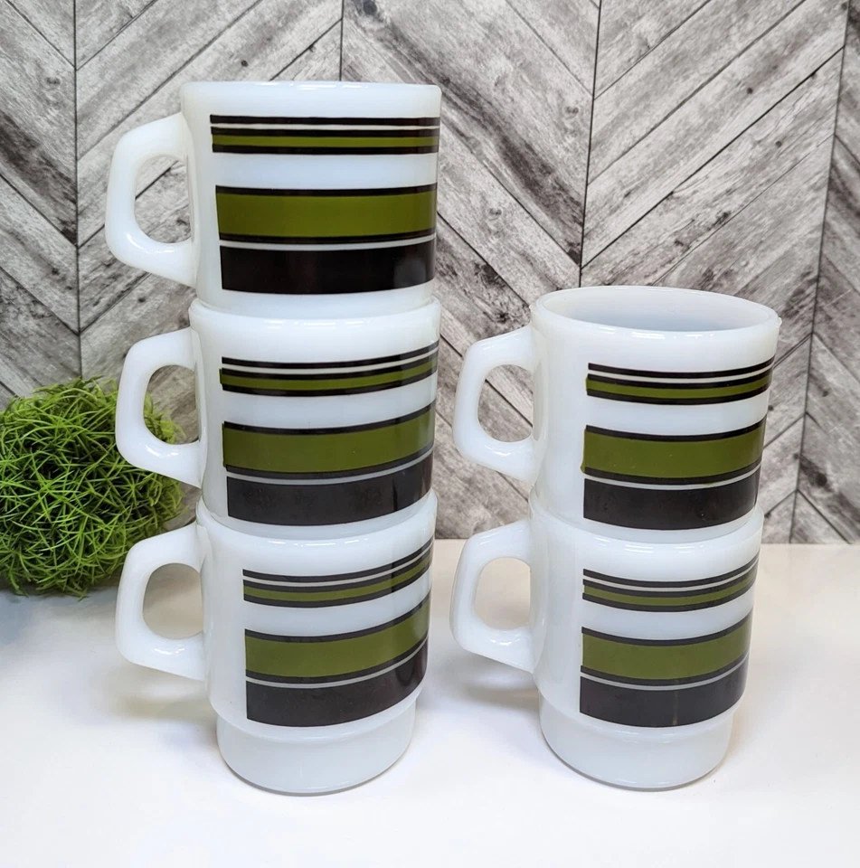 LOT Vintage 5 Fire-king Coffee Milk Glass MUG Olive green Stripes Anchor Hocking - Image 3 of 4