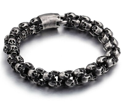 BLACKSTATIC Premium Men's Stainless Steel Skull Link Bracelet w/ Metal Gift  Box