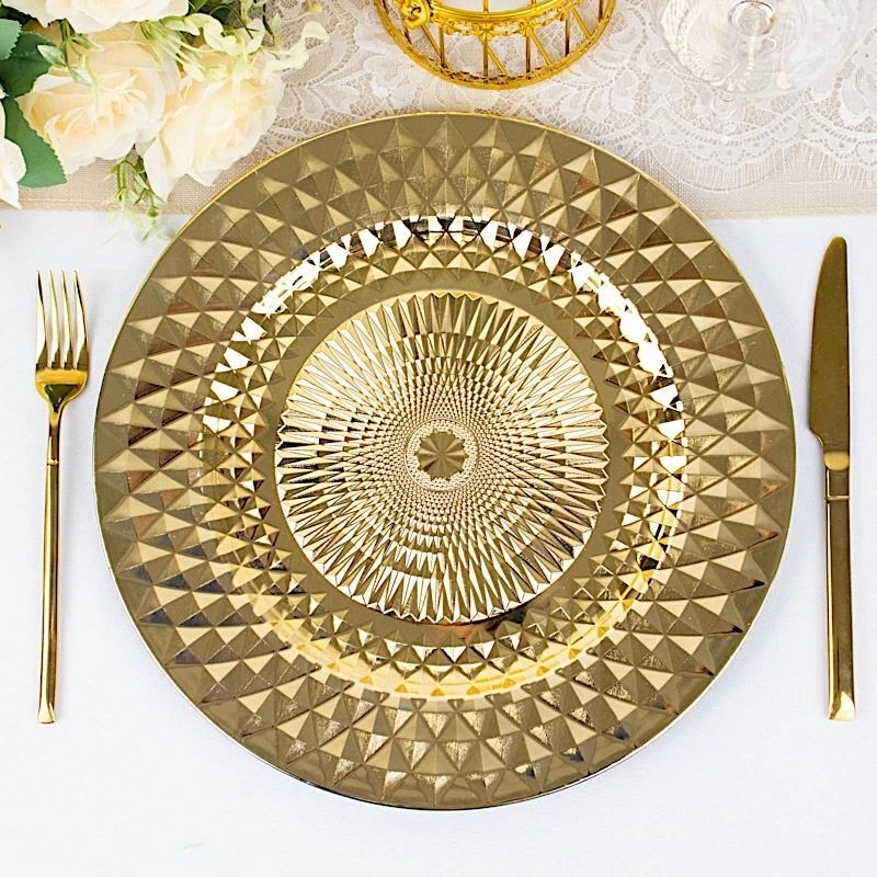 GOLD 6 Metallic 13" Round Plastic CHARGER PLATES Diamond Pattern Party Events - Image 4 of 4