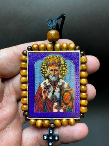 Wood Orthodox Icon on Cord For Car Room Saint Nicholas Mother of God - Picture 7 of 12