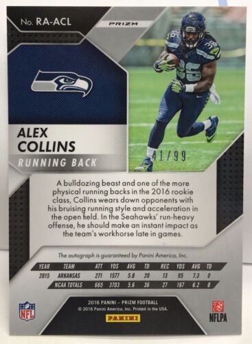 Alex Collins 2016 Panini Prizm PURPLE SCOPE Refractor RC Autograph Auto #d 41/99 - Picture 2 of 2