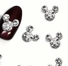 Crystal Rhinestone Mickey Mouse Head 3D Nail Art Set Of 5 Glass Silver Charms