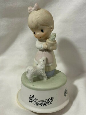 Music Box Little Girl with Lamb Holding Potted Plant Works No Markings