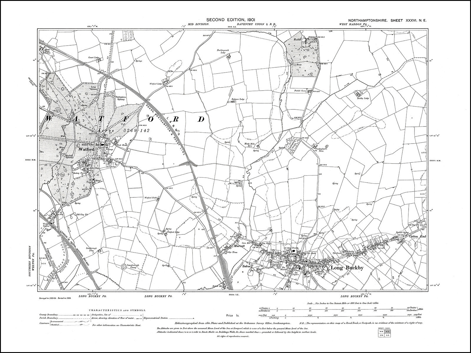 Long Buckby, Watford, old map Northants 1901 36NE repro eBay