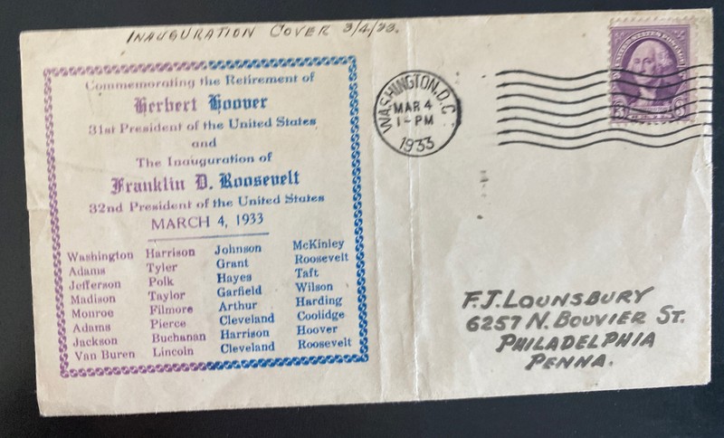 1933 Washington DC USA Franklin Roosevelt Inauguration Cover To Philadelphia
