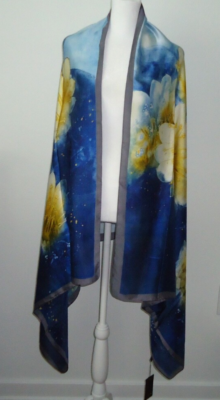 JINAYIN Women's Printed 100% Silk Scarves Blue Yellow Flowers Size