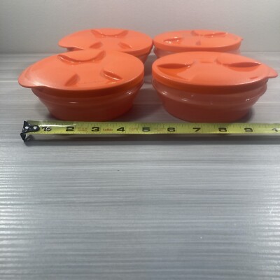 Tupperware Duo Bowls 1C / 8 oz Brilliant Orange Interlocking Lids Set Of 4 New! 