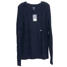 G.H. Bass  Co. Mens Cable Knit Crewneck Sweater Navy Blue Cotton Size M