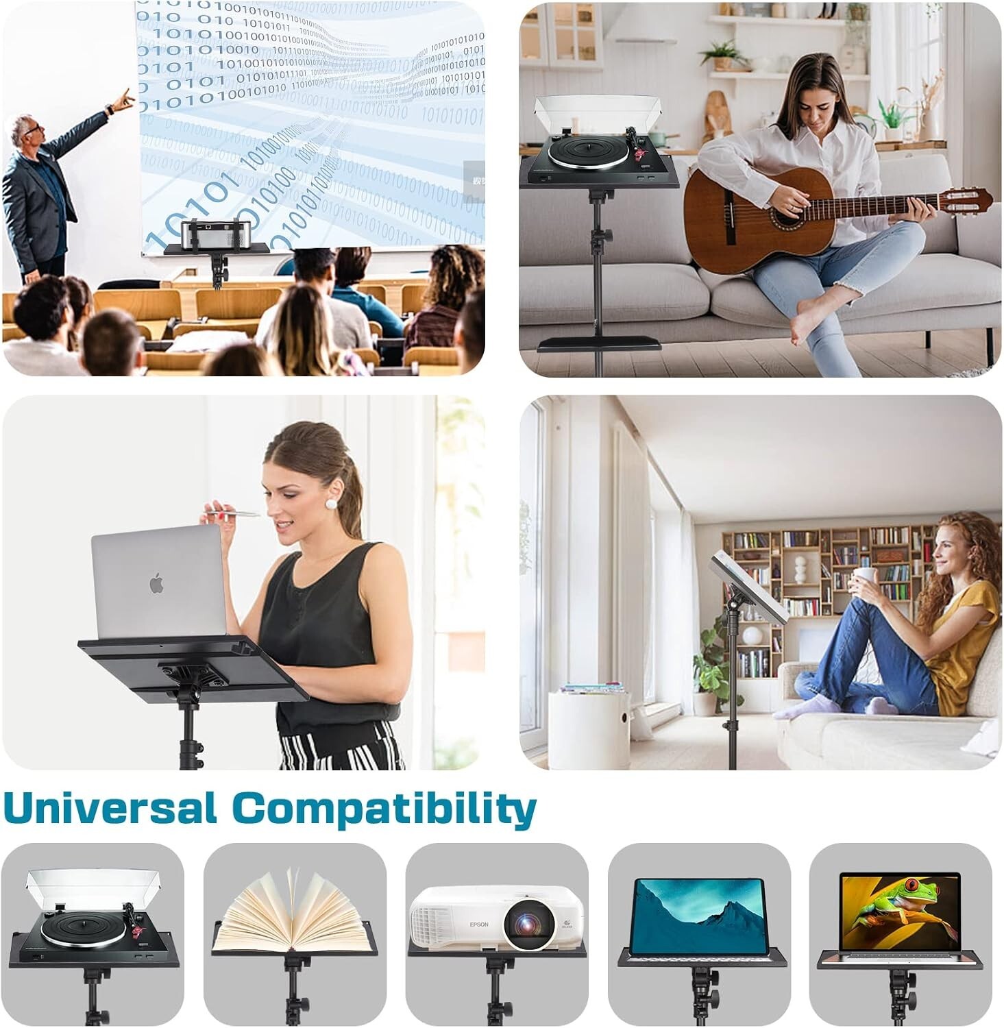 Versatile 50” Projector Tripod Stand with Rotatable Beverage Tray & Phone Holder