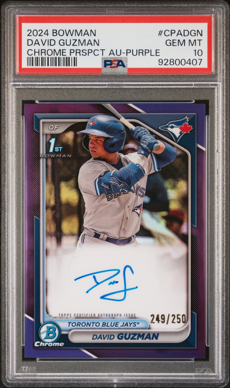 PSA 10 DAVID GUZMAN AUTO 1st 2024 Bowman Chrome PURPLE REFRACTOR/250 RC GEM MINT