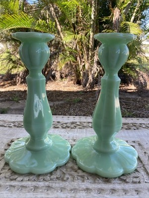 2 Mosser Cambridge Jade Jadeite Green 8 1/4'' Candlesticks Candle Holders * XLNT!