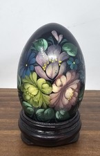 Hand Painted U.S.S.R Russian Solid Wood Lacquered Floral Egg With Stand Signed