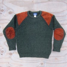 VTG Woolrich Commando Sweater Mens Medium Green Wool Suede Patch Fisherman Knit