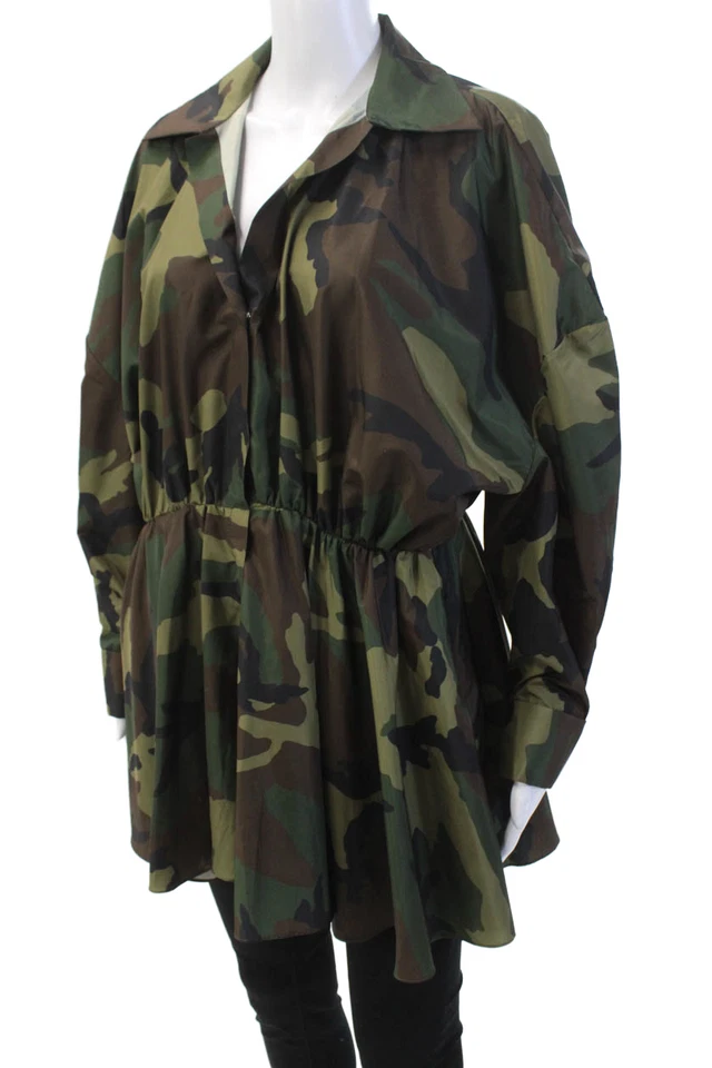 Camisa de camuflaje Norma Kamali para mujer manga larga con cuello verde marrón talla XS Foto 2 de 4