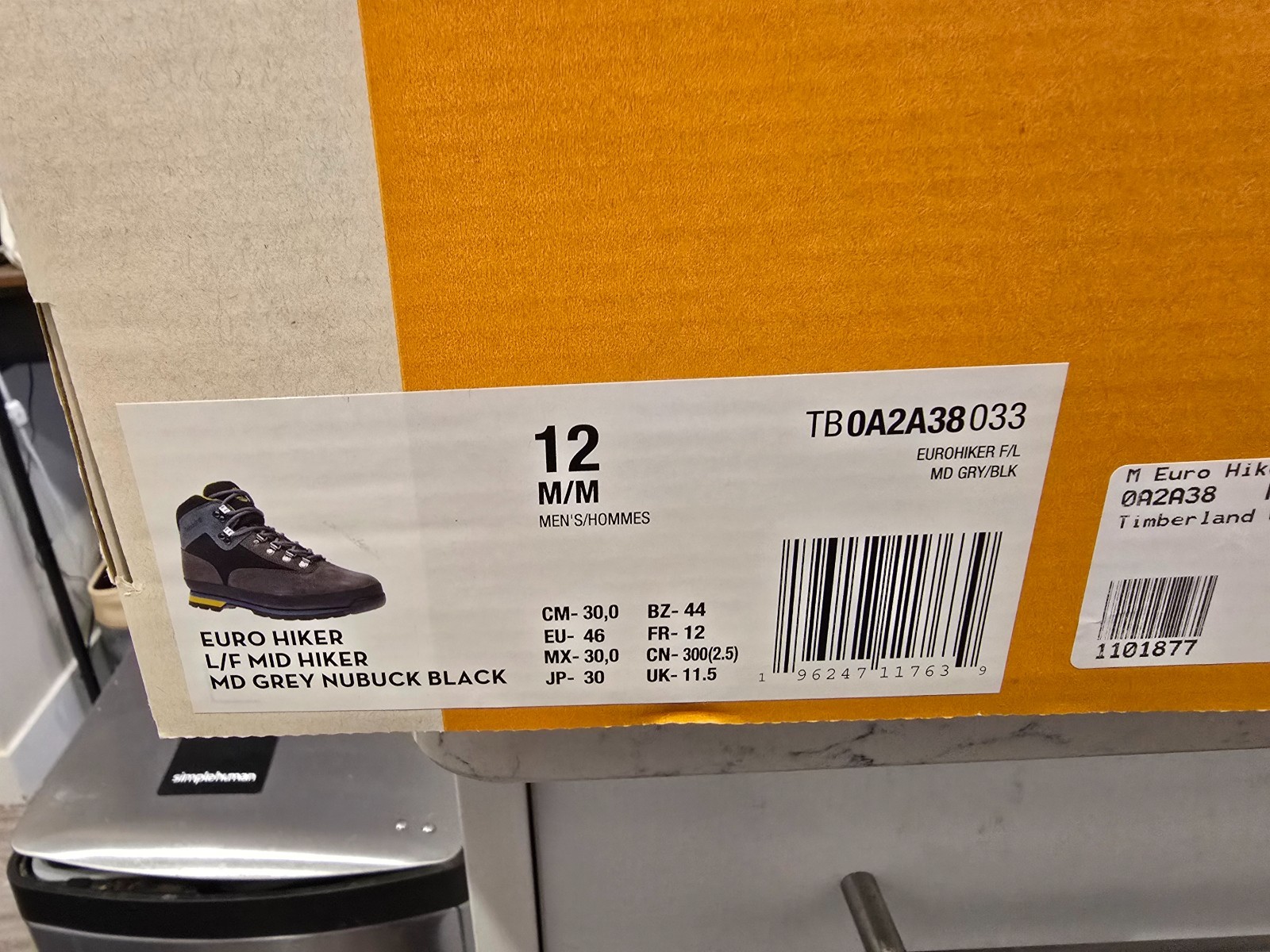Timberland Euro Hiker Mid Men's Winter Boots Grey / Black / Yellow Size 12 NEW image 10