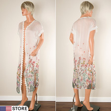 ELENA BALDI White Floral Silk Blend Kimono Sheer Top Coverup Italy Small