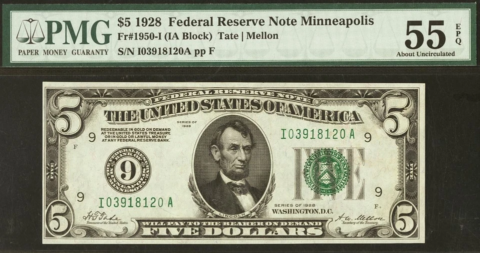 1928 $5 Federal Reserve Note PMG 55EPQ - Rare Key note Minneapolis Fr 1950-I - Image 2 of 3