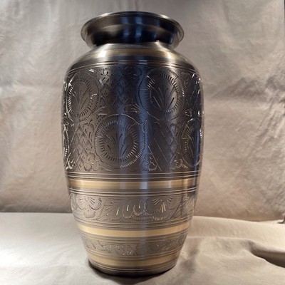 Cremation Urn Etched Foliage Design Pewter Finish Polished Brass Bands