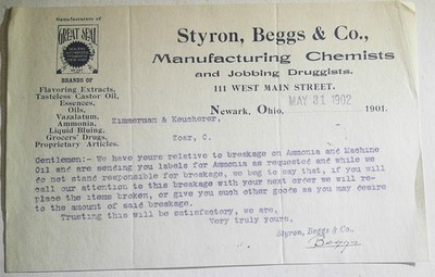 1902 Styron, Beggs... Chemists, Letter to  Zimmerman & Kuecherer,  Zoar OH