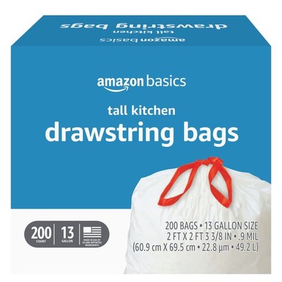Amazon Basics Tall Kitchen Drawstring Trash 200 Count (Pack of 1), White
