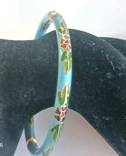 Cloisonne Bangle Bracelet Sky Blue Flower Hinged Clamp Small Vintage - Picture 3 of 12