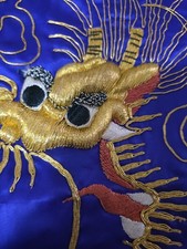 Vintage Hand MADE Kimono Blue Robe Gold Thread Raised Embroidered Satin Original