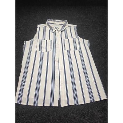 Notations Woman Sleeveless Button Down Blouse Navy Blue White Striped Plus 1X