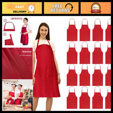 16 Pack Red Bib Plain Aprons Bulk for Women Men Adult with 2 Pockets-Chef Cookin