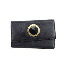 BVLGARI Key Case Black Leather Gold-tone Hardware 6-ring Key Holder W10.5xH7cm