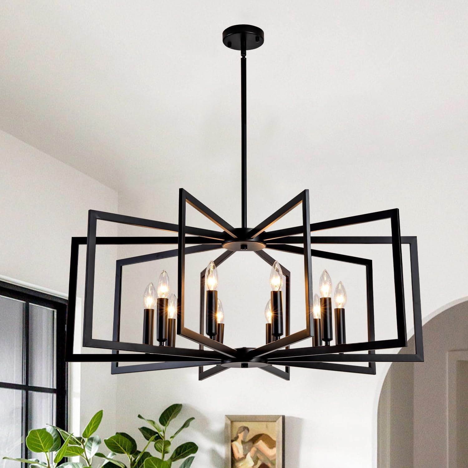Modern Black Chandelier, 10-Light Metal Fixture for Dining Room & Foyer