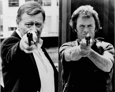 Duke Wayne & Clint Eastwood aim guns as McQ & Dirty Harry 24x30 inch