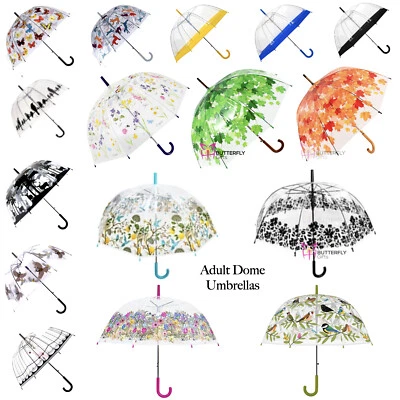 BUTTERFLY GIFTS Ladies Umbrella Rain Strong Umbrella Walking Length Clear Dome Brolly Border