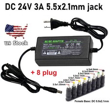 AC 100-240V to DC 24V 3A Power Supply Adapter Charger with 8 Sizes DC Plug Tips