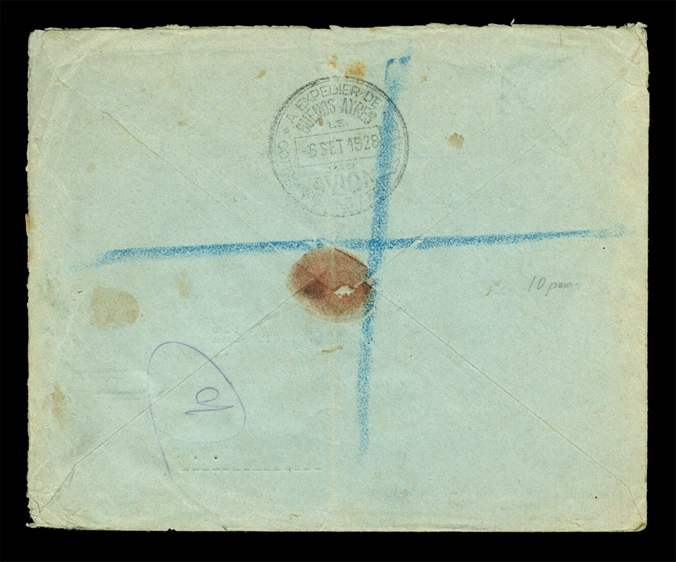 CHILE 1928.SET.12 AIRMAIL commercial multi-franking cvr to UK w/10p blue SURCH. - Image 2 of 2