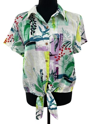 Sigrid Olsen SZ Med Multi Flora Tie Hem Button Up 100% Linen Top Beach
