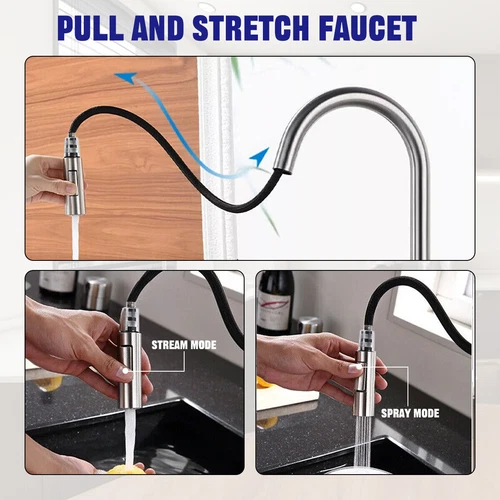 Silver Kitchen Faucet Extendable Shower Faucet Kitchen 360° Sink Faucet UK - Picture 5 of 14