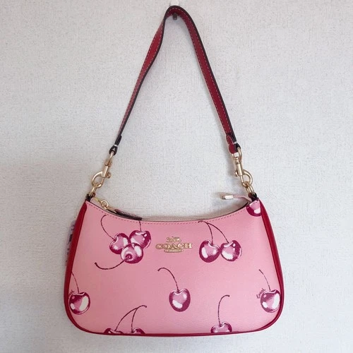 COACH Teri 2way Shoulder Bag Pink Canvas Leather Cherry Print CR290 Outlet New - Picture 4 of 16