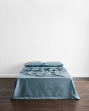 100 Dusty Blue linen flat sheet in king queen twin and other sizes 3 Piec Set.