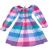 Vintage Girls Long Sleeve Plaid Dress With White Collar  Belted Waist 4